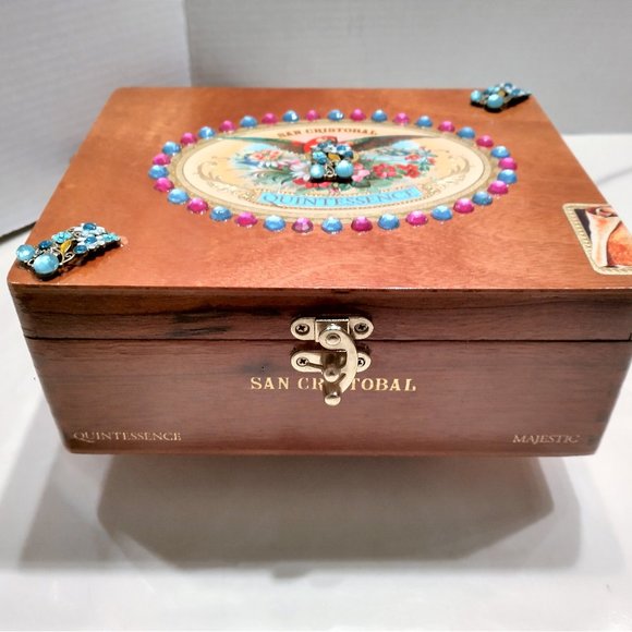 Suenos de Saundra Upcycled Pink/Turquoise Gem Upcycled Cigar Box Purse - Picture 7 of 13